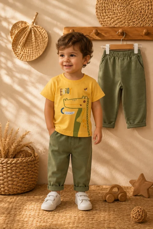 Erkek Bebek Baskılı Tişört Pantolon Takımı 2’li Set 9 Ay-4 Yaş
