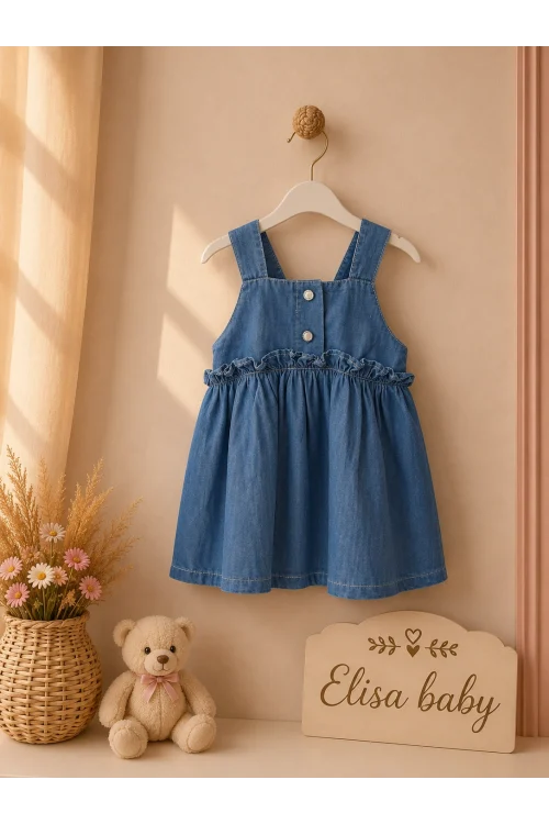 Kız Bebek Denim Elbise Askılı Fırfır Detaylı 9-24 Ay