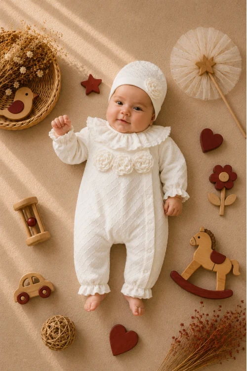 Kız Bebek Gül Detaylı Şapkalı Tulum %100 Pamuk 0-9 Ay