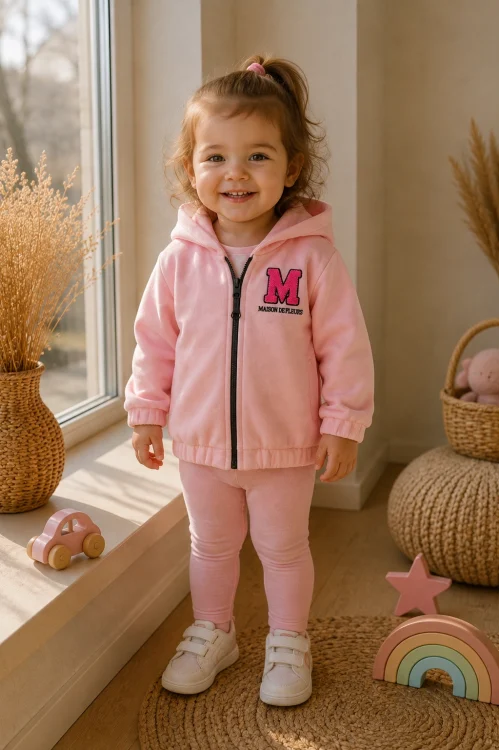 Kız Çocuk 3 İplik Şardonlu Kalın Polar Kapüşonlu Fermuarlı Sweatshirt | 2-5 Yaş
