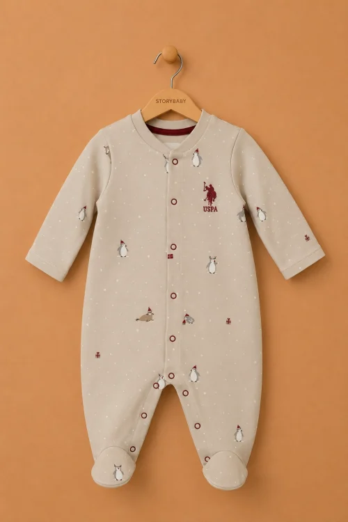 U.S. Polo Assn. Orijinal 0-9 Ay Unisex Bebek Uzun Kollu Patikli Tulum %100 Pamuk
