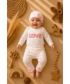 %100 Pamuklu Mia Love Kalp Desenli Fiyonk Detaylı 3lü Bebek Takımı - Pembe /beyaz 3-9 Ay