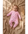 %100 Pamuk Kız Bebek Pembe Kalpli Desenli Uzun Kollu Penye Tulum 0-9 Ay