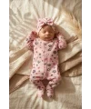 Bahar Çiçekleri Detaylı Boneli Kız Bebek Tulumu. Ayaklı % 100 Pamuklu 0-3 Ay