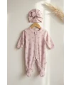 Fiyon Detaylı Boneli Kız Bebek Tulumu. Ayaklı % 100 Pamuklu 0-3 Ay