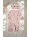 Fiyon Detaylı Boneli Kız Bebek Tulumu. Ayaklı % 100 Pamuklu 0-3 Ay