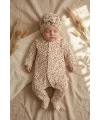 Leopar Detaylı Boneli Kız Bebek Tulumu. Ayaklı % 100 Pamuklu 0-3 Ay