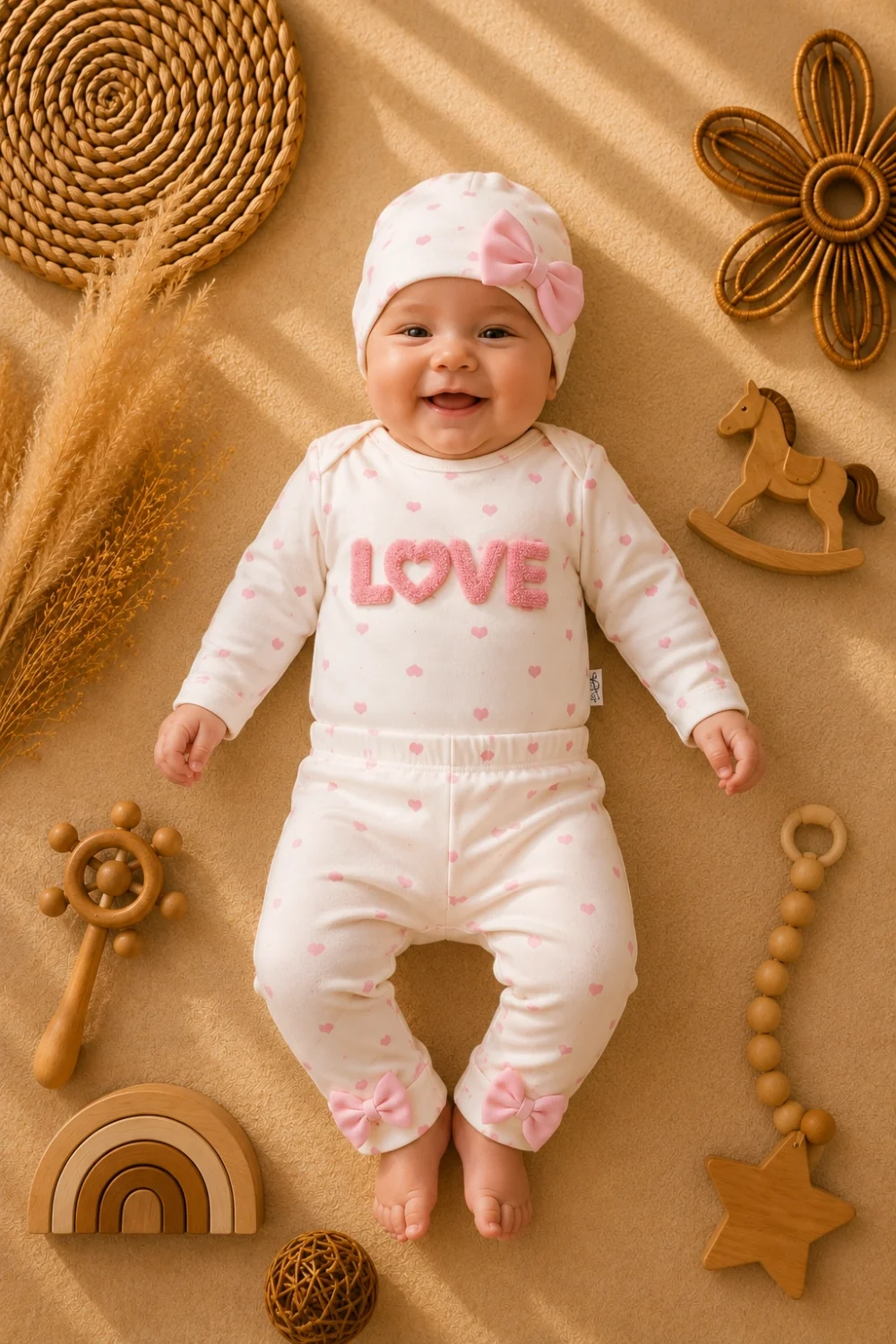 %100 Pamuklu Mia Love Kalp Desenli Fiyonk Detaylı 3lü Bebek Takımı - Pembe /beyaz 3-9 Ay