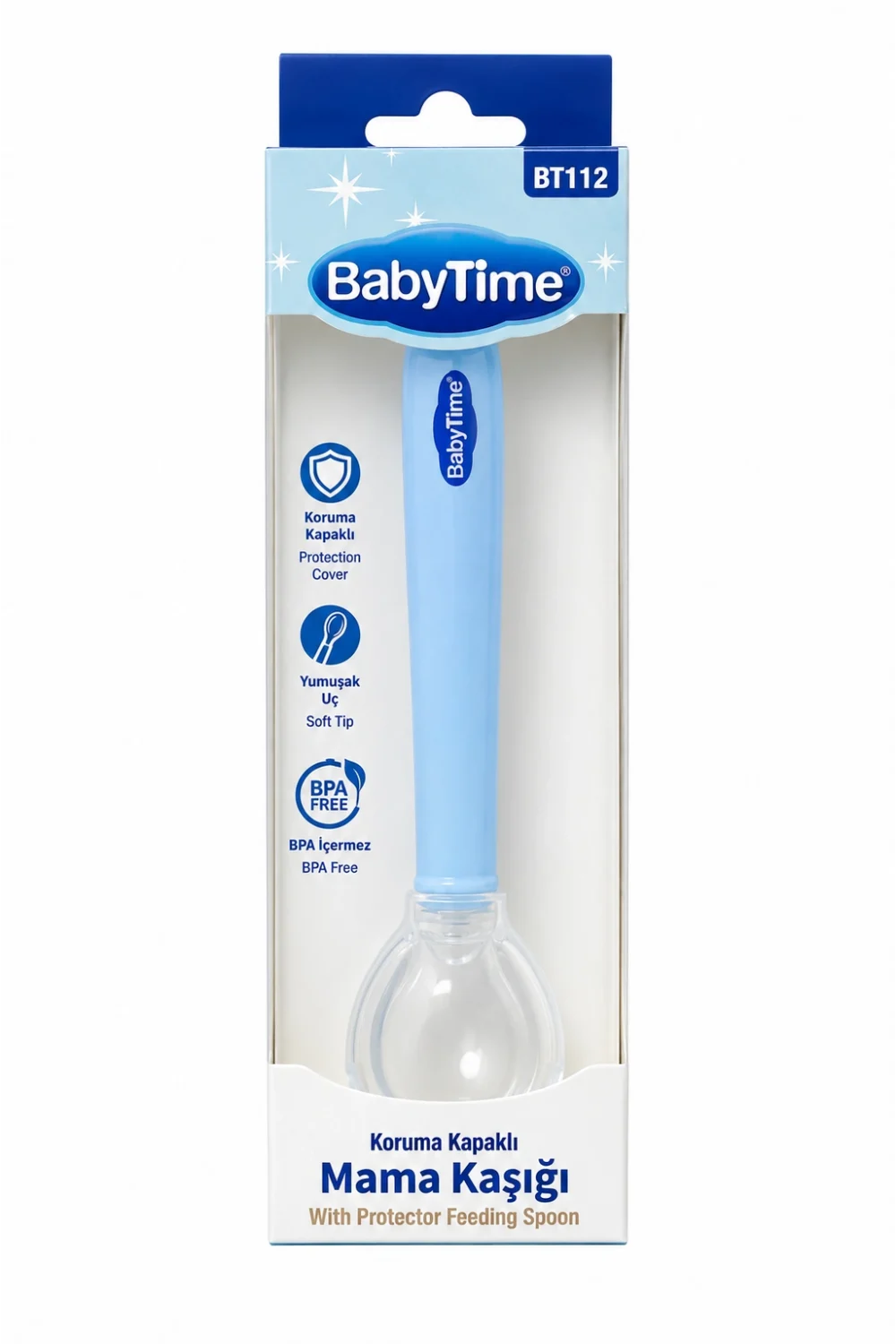 BabyTime BT112 Mavi Koruma Kapaklı Mama Kaşığı – Bebek Beslenme Kaşığı