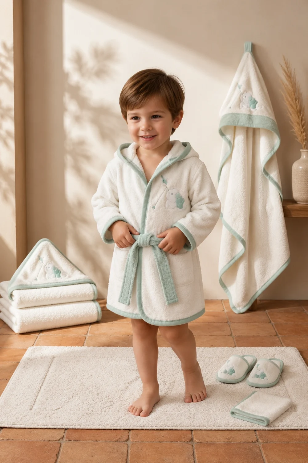 Unisex Bebek %100 Pamuk Bornoz Seti Havlu Terlik Kese Mint Yeşil Detaylı