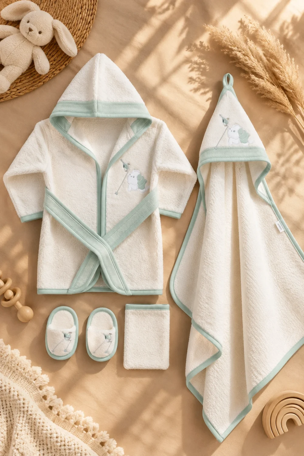 Unisex Bebek %100 Pamuk Bornoz Seti Havlu Terlik Kese Mint Yeşil Detaylı
