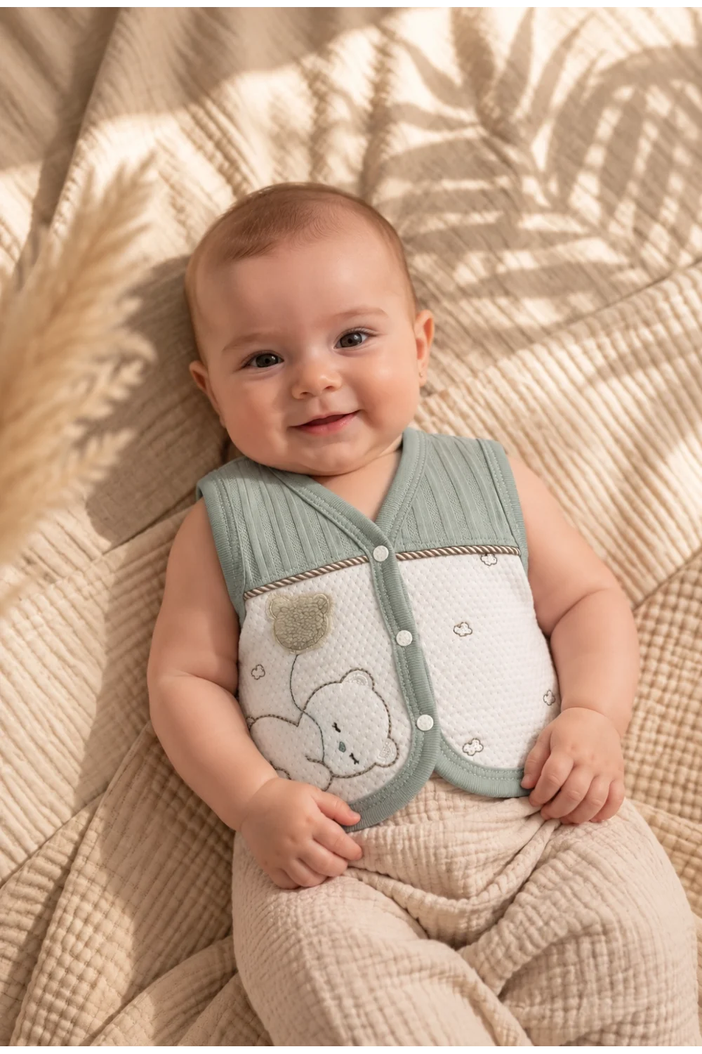 Gaye %100 Pamuk Unisex Bebek Yelek – Ayıcık Desenli Önden Düğmeli 0-9 Ay