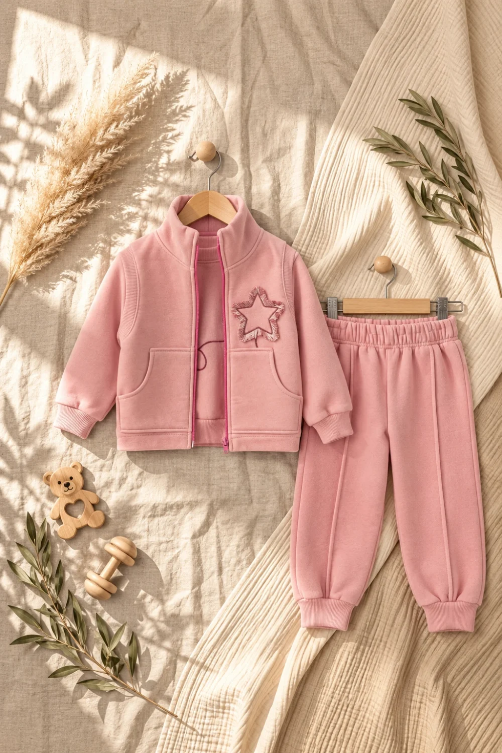 Kız Çocuk ve Bebek 3’lü Takım – Sweatshirt, Fermuarlı Yelek ve Pantolon | 1-4 Yaş