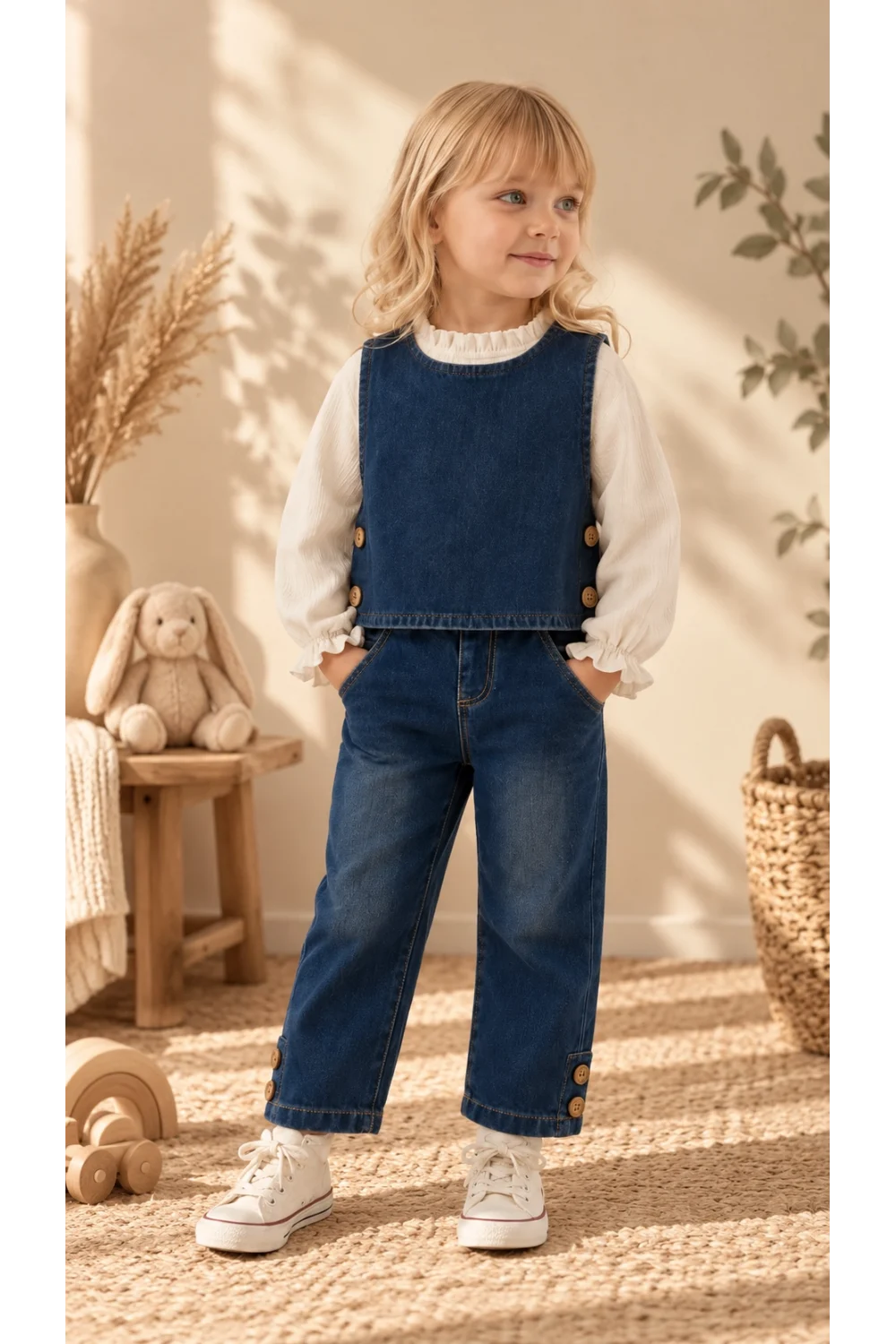 Kız Çocuk 3’lü Kot Takım | Kot Yelek, Pantolon ve Sweatshirt | Premium Kalite