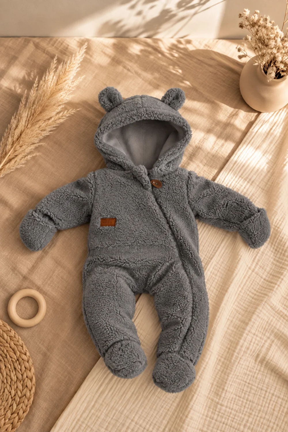 Erkek Bebek Peluş Tulum Patikli Eldivenli Kapüşonlu %100 Pamuk