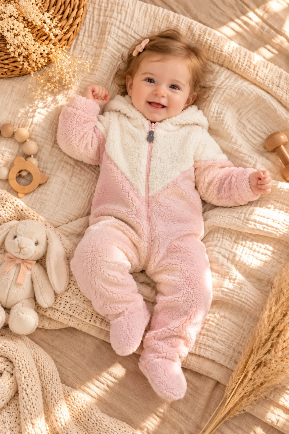 Kız Bebek %100 Pamuk Premium Peluş Fermuarlı Tulum 0-12 Ay