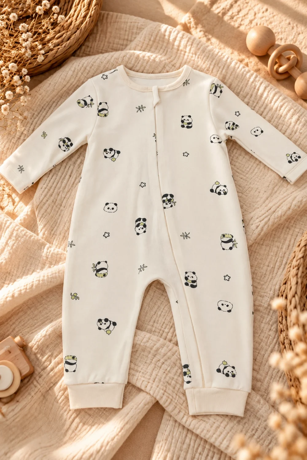 %100 Organik Pamuk Panda Desenli Fermuarlı Bebek Tulumu – 6-9 Ay
