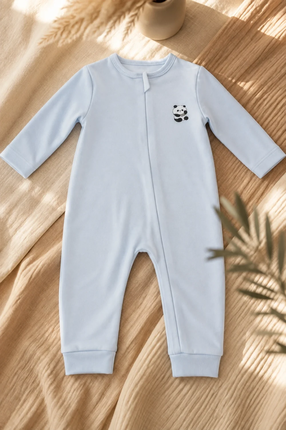 %100 Organik Pamuk Panda Desenli Fermuarlı Bebek Tulumu – 6-9 Ay