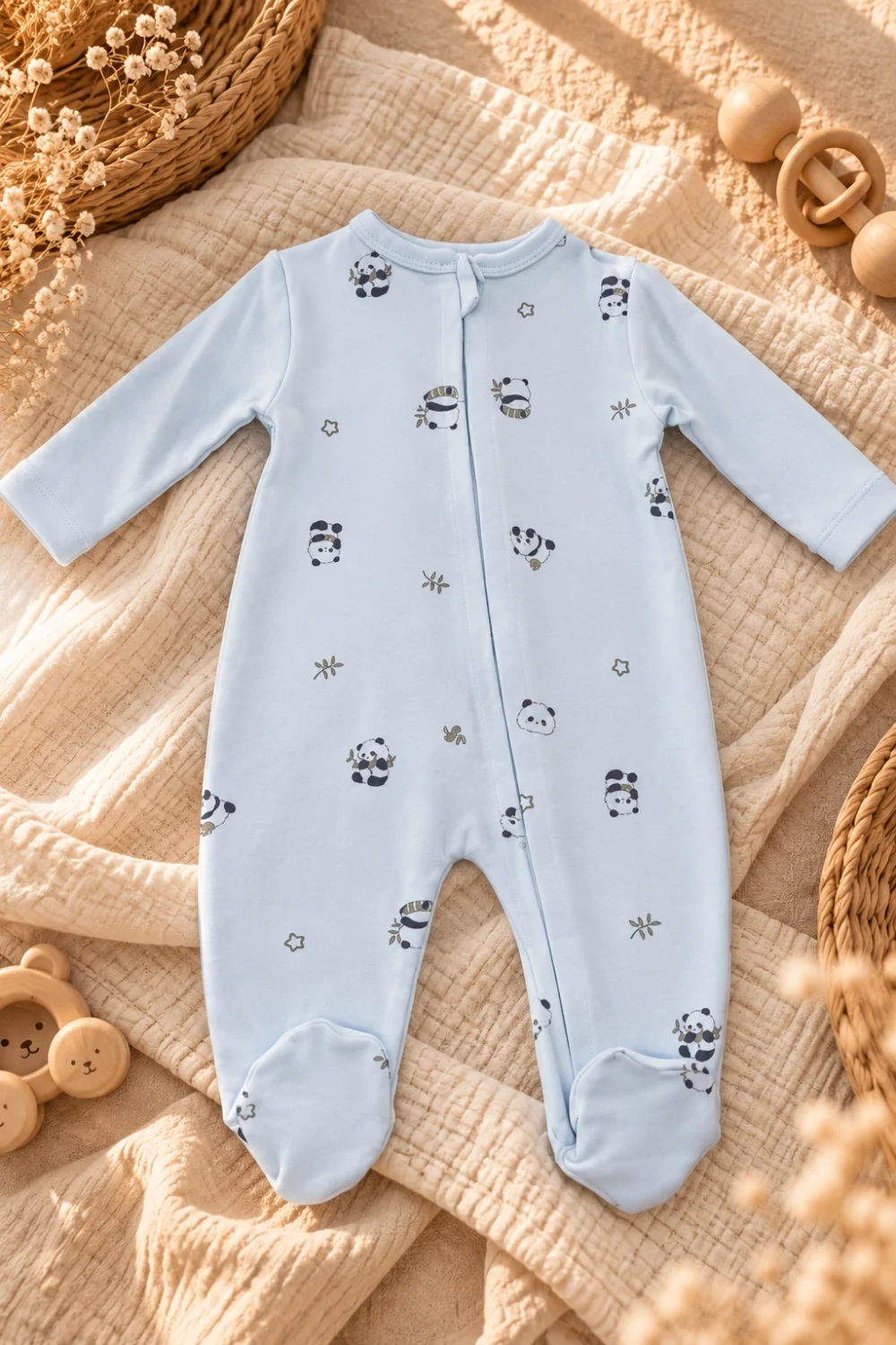 %100 Organik Pamuk Panda Desenli Fermuarlı Bebek Tulumu – 3-6 Ay