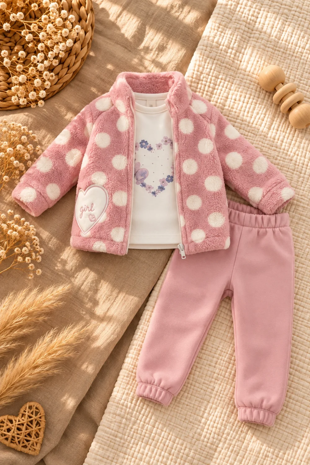 Kız Bebek 3’lü Peluş Ceketli Kışlık Takım – %100 Pamuk