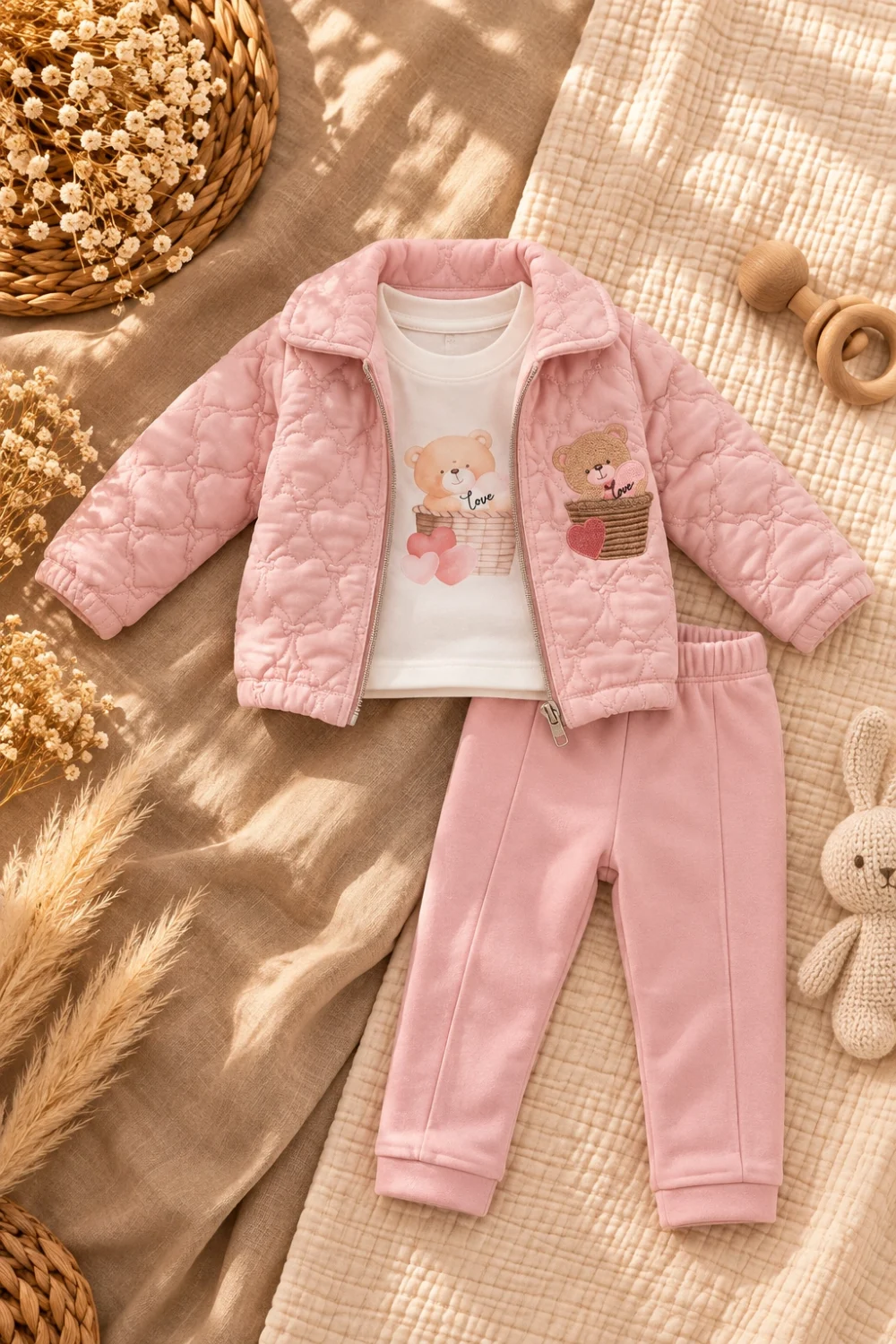 Kız Bebek Mevsimlik Montlu Sweatshirt ve Pantolon 3’lü Takım