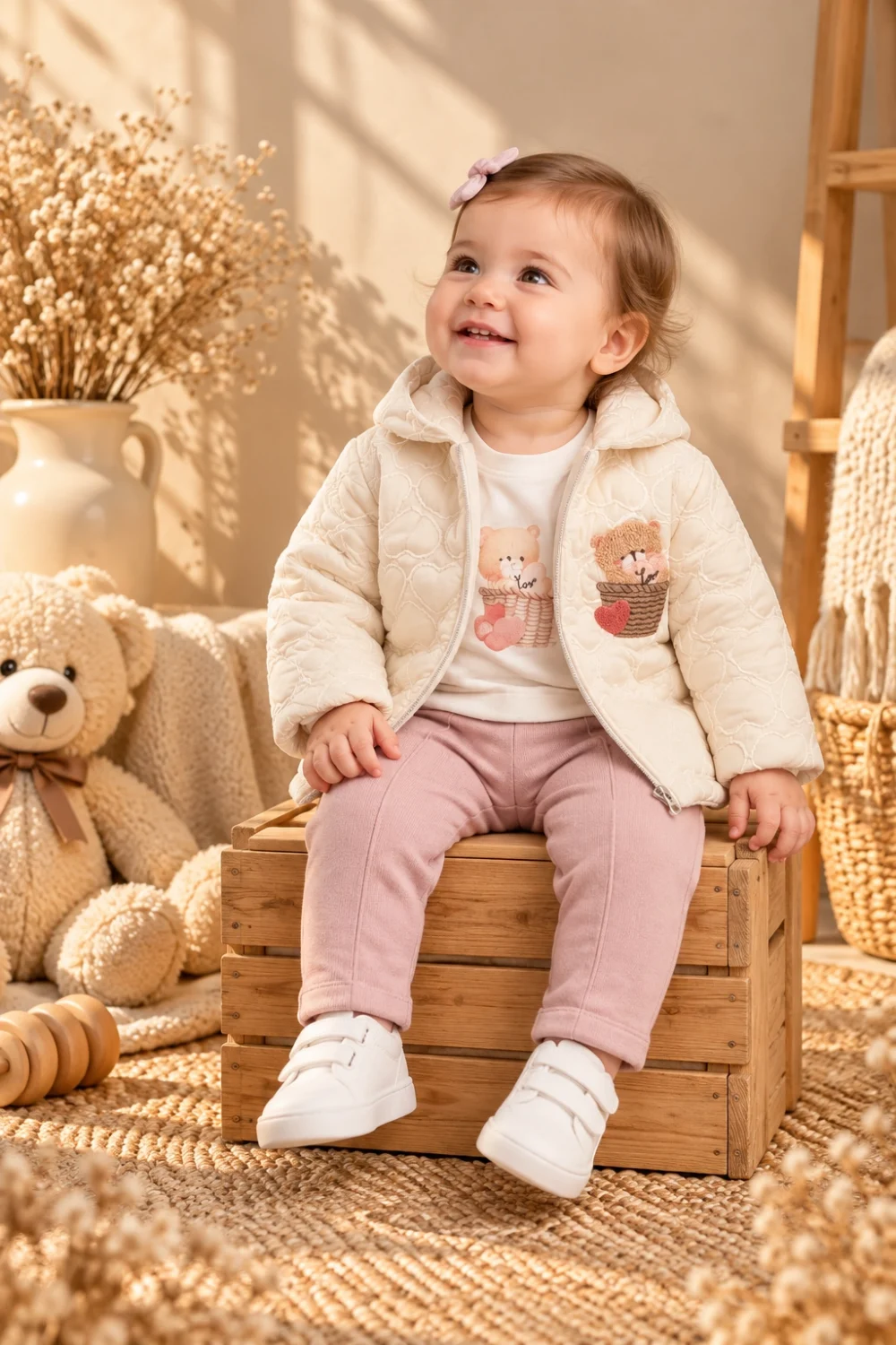 Kız Bebek Mevsimlik Montlu Sweatshirt ve Pantolon 3’lü Takım