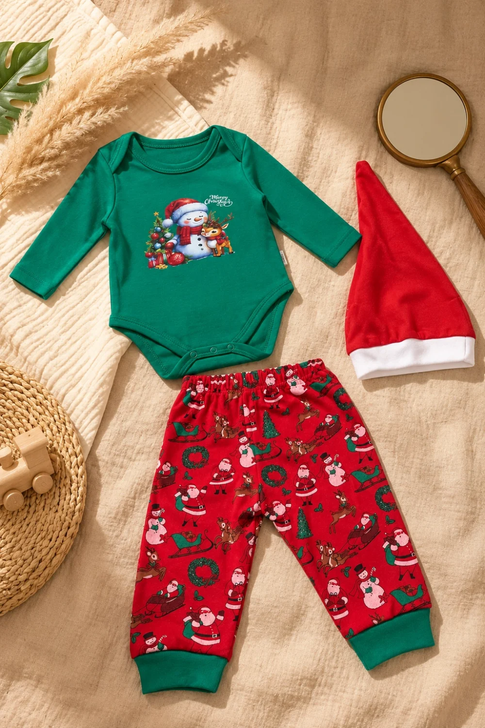 %100 Pamuk Noel Temalı Bebek Zıbın Takımı – Yılbaşı Bebek Takımı
