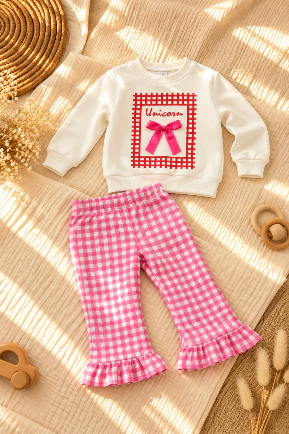 Kız Çocuk %100 Pamuk Sweatshirt ve Kareli Fırfırlı Pantolon 2’li Takım
