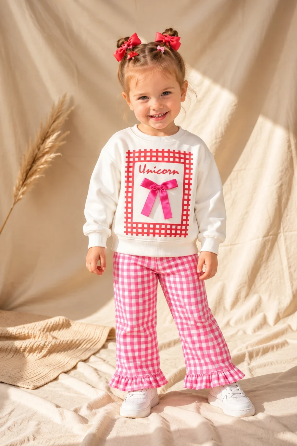 Kız Çocuk %100 Pamuk Sweatshirt ve Kareli Fırfırlı Pantolon 2’li Takım