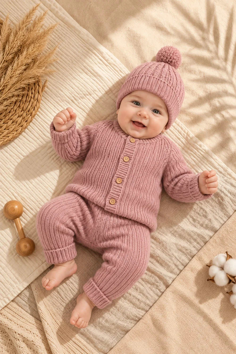 %100 Pamuk Örme Triko Bebek 3’lü Takım – Ahşap Düğmeli Hırka, Pantolon ve Bere