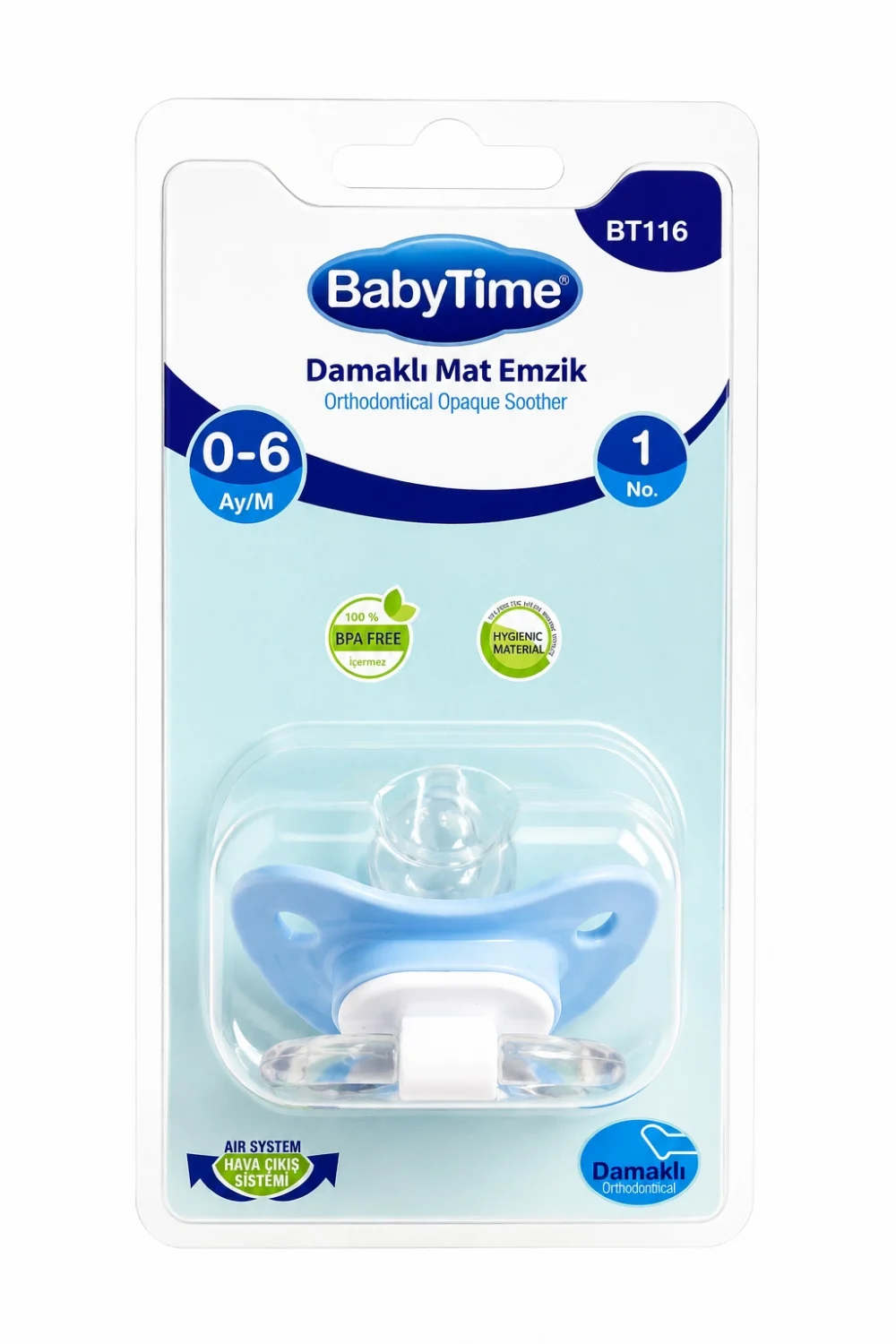 BabyTime Damaklı Mat Ortodontik Emzik No:1 0-6 Ay Mavi