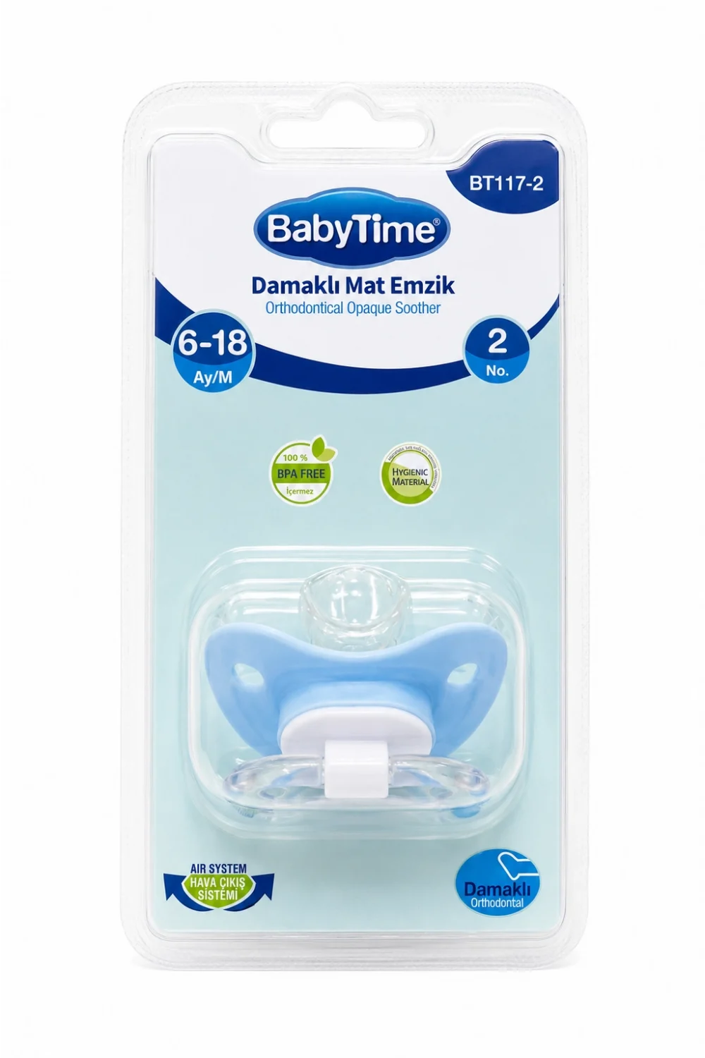 BabyTime Damaklı Mat Ortodontik Emzik No:2 6-18 Ay Mavi