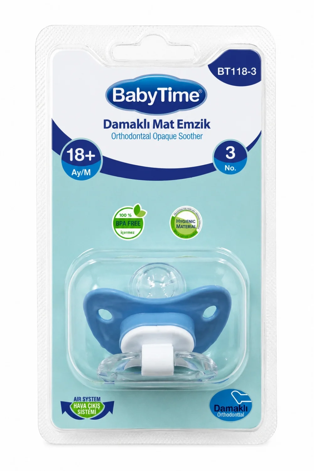 BabyTime Damaklı Mat Ortodontik Emzik No:3 18+ Ay Mavi