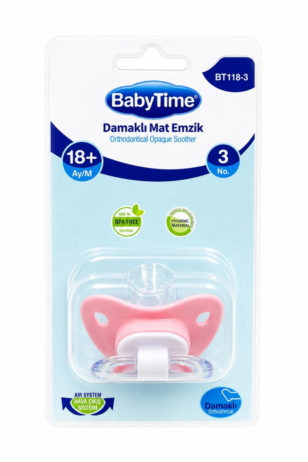 BabyTime Damaklı Mat Ortodontik Emzik No:3 18+ Ay Pembe