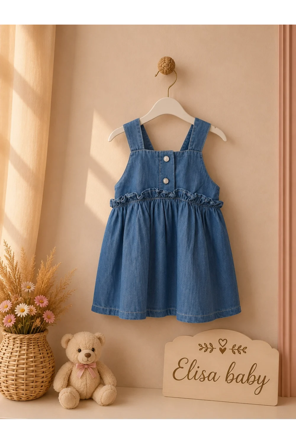 Kız Bebek Denim Elbise Askılı Fırfır Detaylı 9-24 Ay