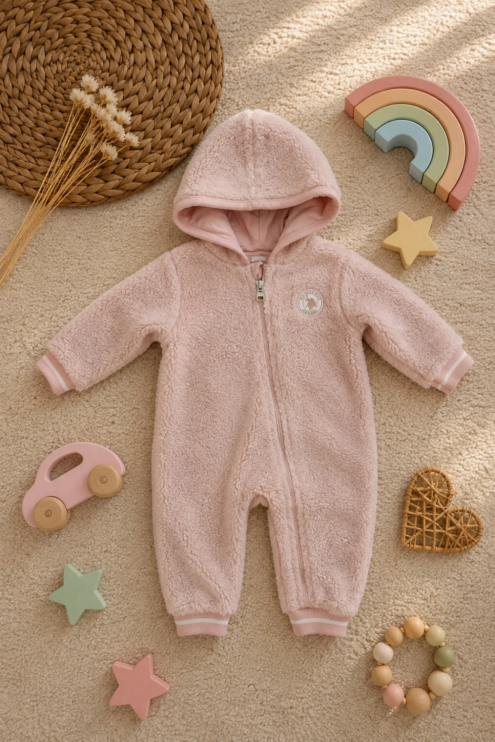Kız Bebek Peluş Kışlık Kapüşonlu Fermuarlı Tulum | 3-18 Ay