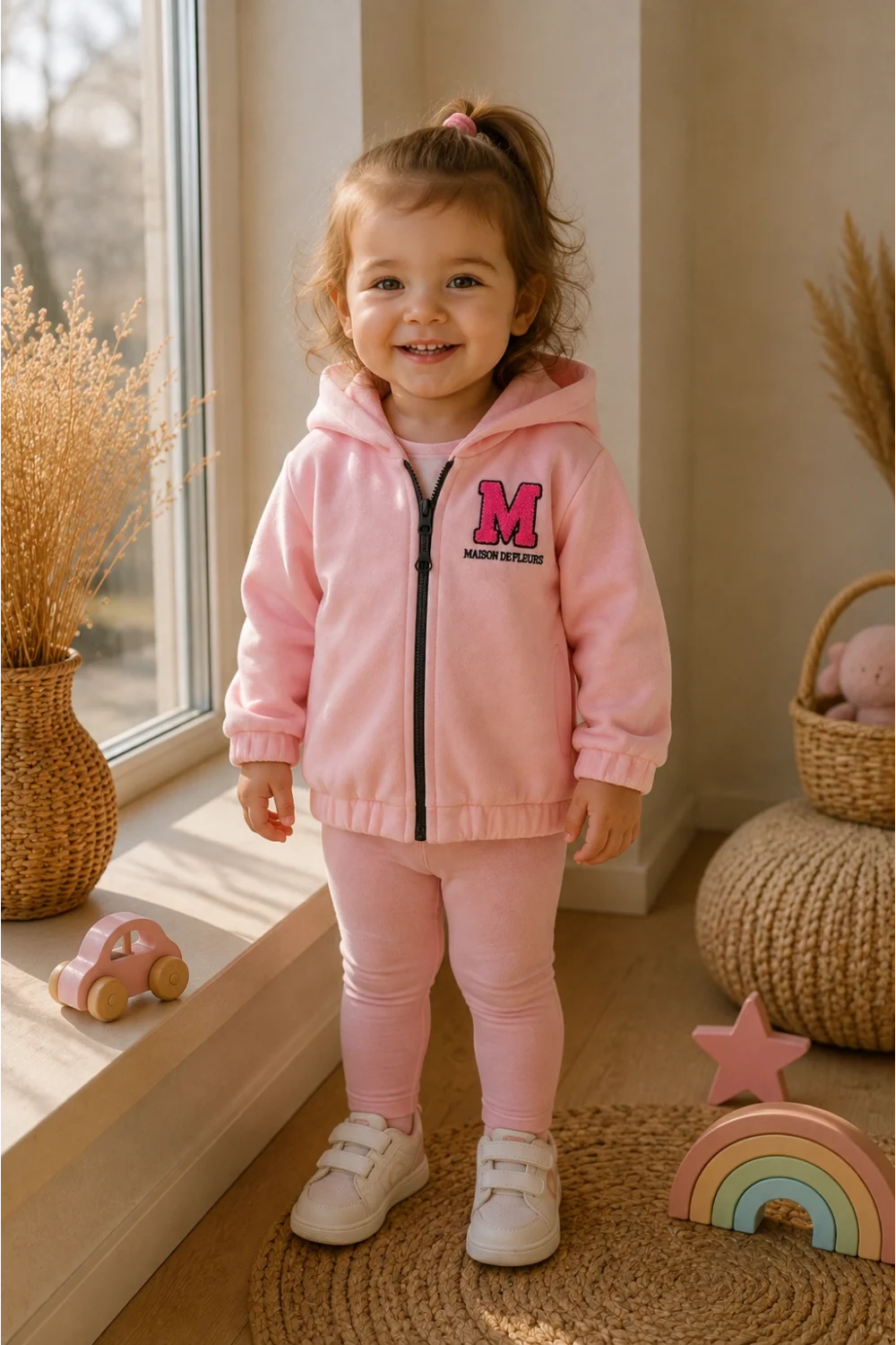 Kız Çocuk 3 İplik Şardonlu Kalın Polar Kapüşonlu Fermuarlı Sweatshirt | 2-5 Yaş