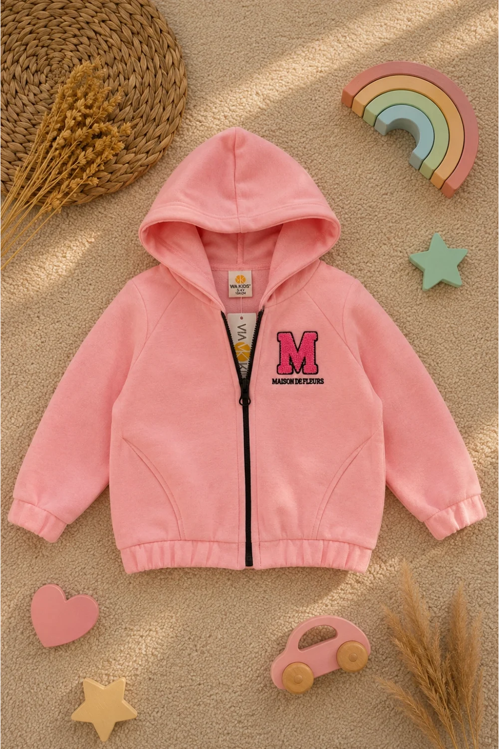 Kız Çocuk 3 İplik Şardonlu Kalın Polar Kapüşonlu Fermuarlı Sweatshirt | 2-5 Yaş