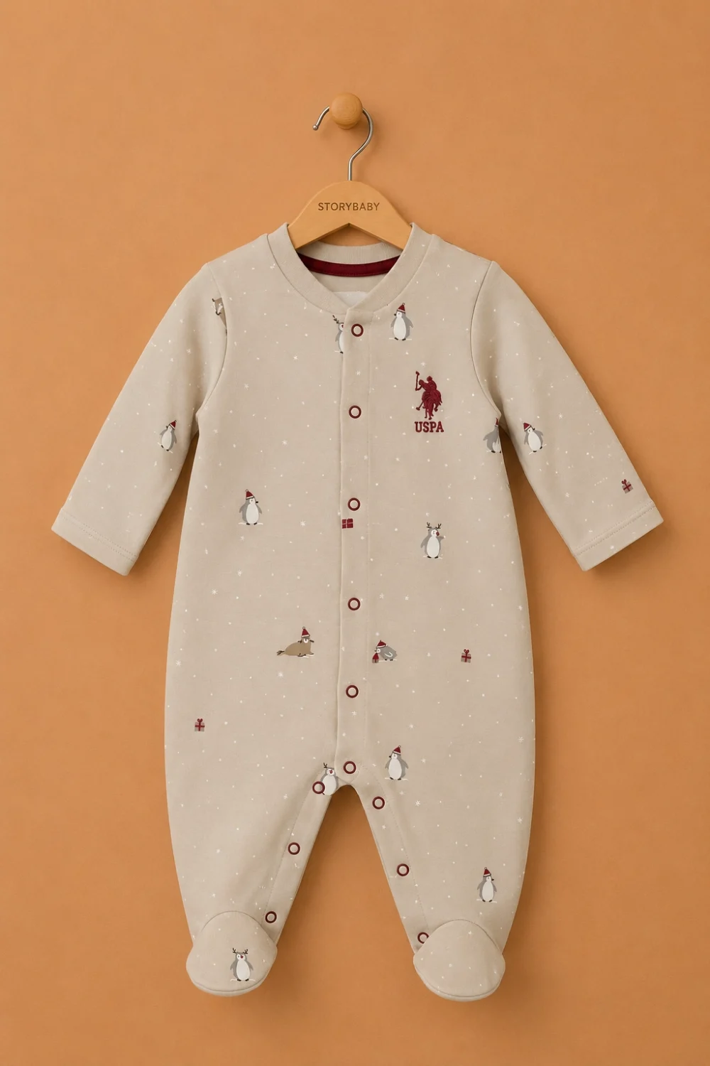 U.S. Polo Assn. Orijinal 0-9 Ay Unisex Bebek Uzun Kollu Patikli Tulum %100 Pamuk