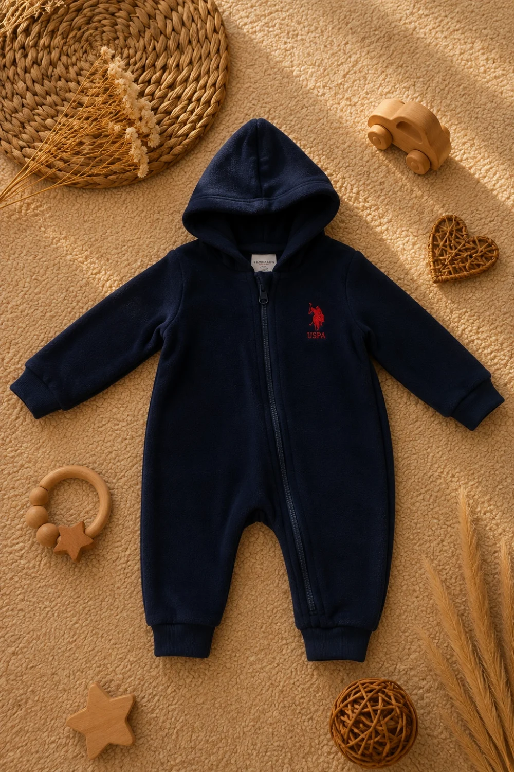 U.S. Polo Assn. Orijinal Bebek Erkek Kapüşonlu Polar Tulum | Fermuarlı Kışlık Tulum