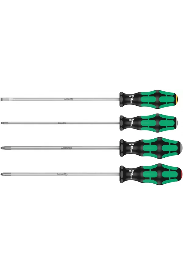 Wera 335/350/355/4 Kraftform Plus Tornavida Seti, Lasertip 200 mm Uzun Bıçaklı