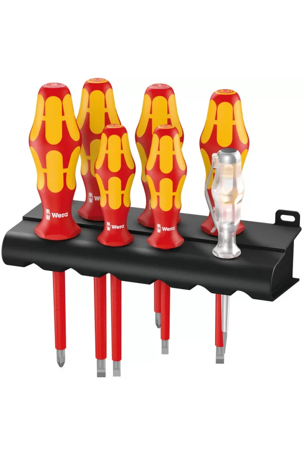 Wera 160 i/7 Raflı Kraftform Plus 100 Serisi Tornavida Seti + Tek Fazlı Kontrol Kalemi + Raf