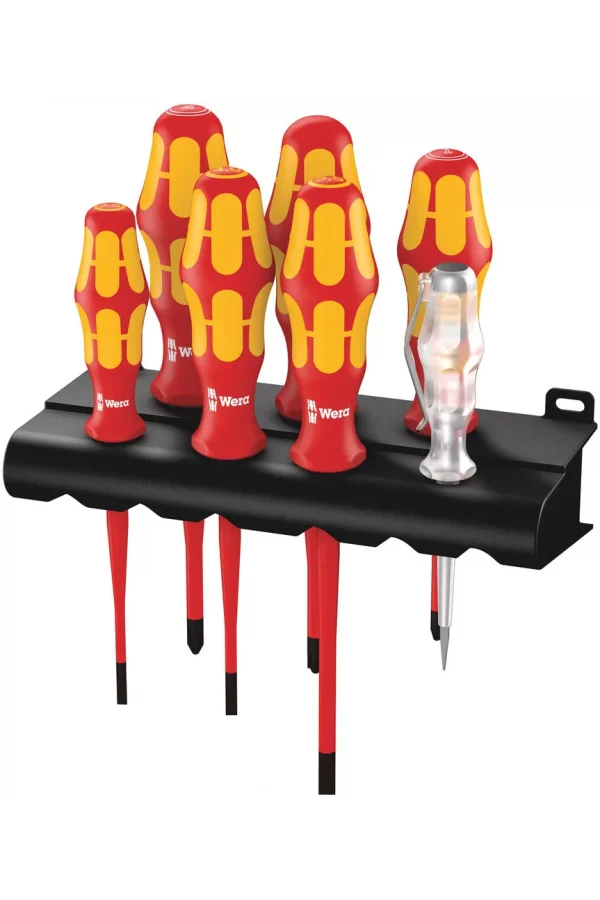 Wera 160 iS/7 Raflı Kraftform Plus 100 Serisi Tornavida Seti + Tek Fazlı Kontrol Kalemi + Raf, İnce Bıçaklı