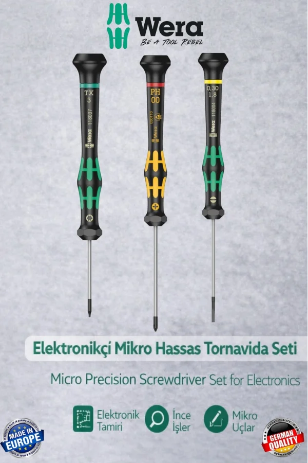 Wera Elektronikçi Telefoncu Saatçi Tornavida Seti 3 Parça | Profesyonel Mikro Tamir Seti