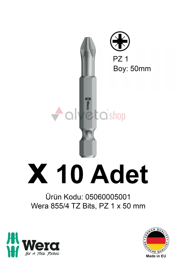 Alveta Wera 855/4 TZ PZ1 x 50mm Tornavida Ucu 10 Adet | Pozidriv Vidalama Bits Seti Profesyonel Seri