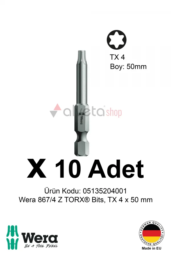 Alveta Wera 867/4 Z TORX TX4 x 50mm Tornavida Ucu 10 Adet | Torx Vidalama Bits Seti Profesyonel Seri