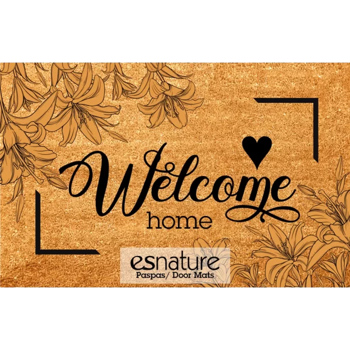 Esnature Welcome Zambak Çiçekli Kalp Desenli Kapı Önü Paspası 45x70 Cm