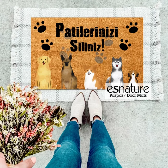 Esnature Köpek Desenli Patilerinizi Silin Yazılı Kapı Önü Paspası 45x70 Cm