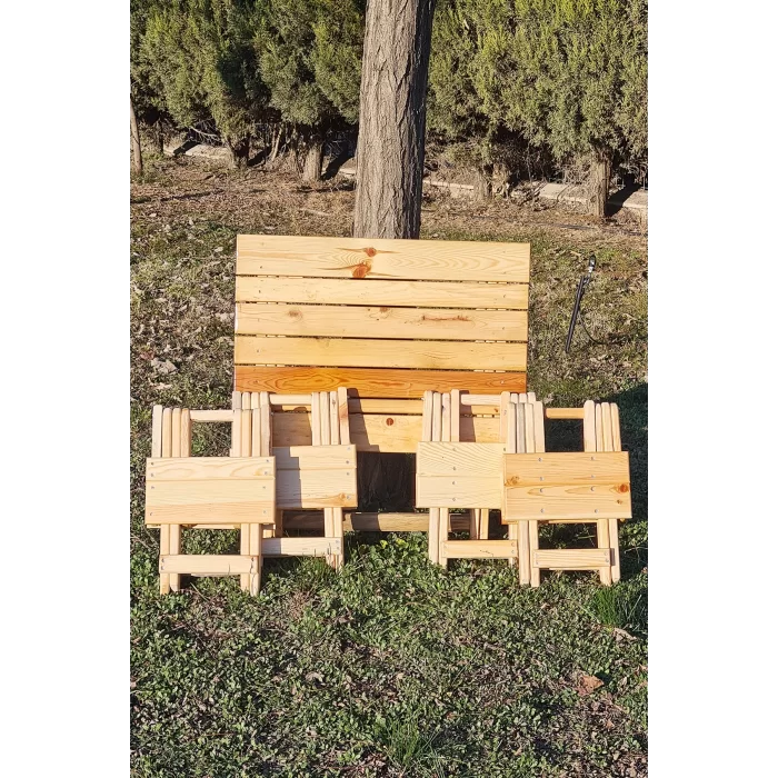 Esnature Vernikli Doğal Ahşap Katlanabilir Kamp Piknik Bahçe Balkon Masası 4 lü Tabure Seti