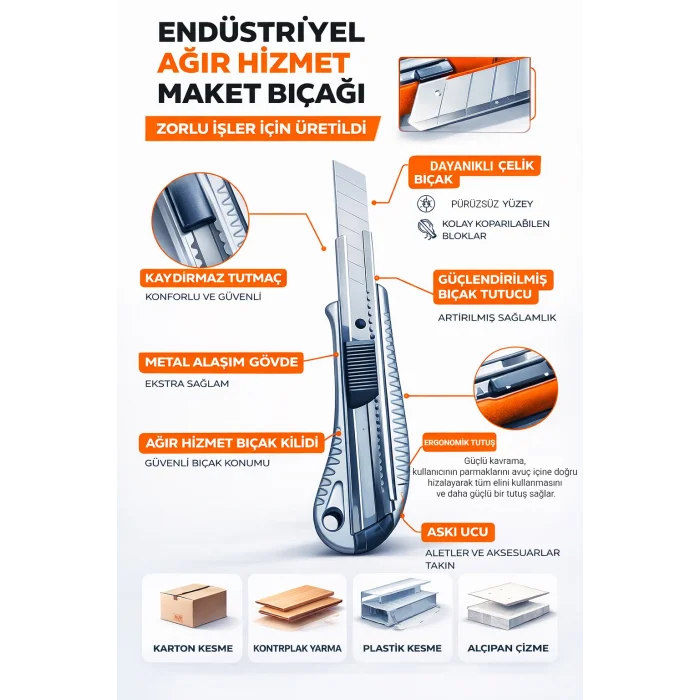Alveta Endüstriyel Maket Bıçağı Metal Gövdeli Lutz Blades Bıçaklı Profesyonel Dayanıklı Falçata